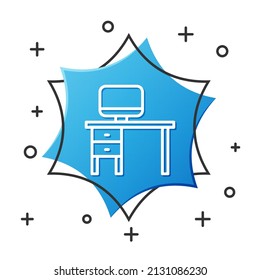 White line Computer monitor and desk icon isolated on white background. PC component sign. Blue hexagon button. Vector Illustration