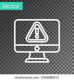 White line Computer monitor with exclamation mark icon isolated on transparent background. Alert message smartphone notification.  Vector