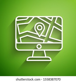 White line Computer monitor and folded map with location marker icon isolated on green background.  Vector Illustration