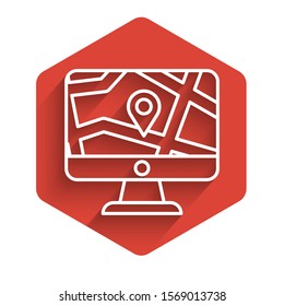 White line Computer monitor and folded map with location marker icon isolated with long shadow. Red hexagon button. Vector Illustration