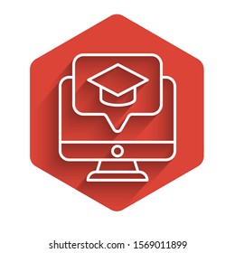 White line Computer monitor with graduation cap icon isolated with long shadow. Online learning or e-learning concept. Red hexagon button. Vector Illustration