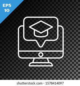 White line Computer monitor with graduation cap icon isolated on transparent dark background. Online learning or e-learning concept.  Vector Illustration