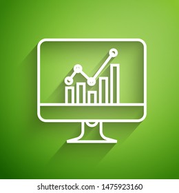 White line Computer monitor with graph chart icon isolated on green background. Report text file icon. Accounting sign. Audit, analysis or planning.  Vector Illustration