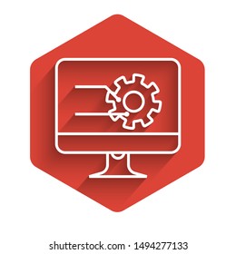 White line Computer monitor with graph chart icon isolated with long shadow. Report text file icon. Accounting sign. Audit, analysis, planning. Red hexagon button. Vector Illustration