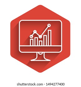 White line Computer monitor with graph chart icon isolated with long shadow. Report text file icon. Accounting sign. Audit, analysis, planning. Red hexagon button. Vector Illustration