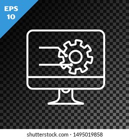 White line Computer monitor with graph chart icon isolated on transparent dark background. Report text file icon. Accounting sign. Audit, analysis, planning.  Vector Illustration