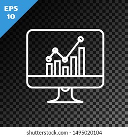 White line Computer monitor with graph chart icon isolated on transparent dark background. Report text file icon. Accounting sign. Audit, analysis, planning.  Vector Illustration