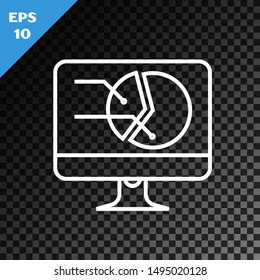 White line Computer monitor with graph chart icon isolated on transparent dark background. Report text file icon. Accounting sign. Audit, analysis, planning.  Vector Illustration