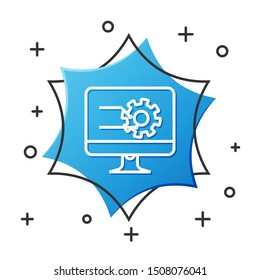 White line Computer monitor with graph chart icon isolated on white background. Report text file icon. Accounting sign. Audit, analysis, planning. Blue hexagon button. Vector Illustration