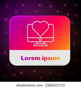 White line Computer monitor with heart icon isolated on black background. Valentines day. Rectangle color button. Vector Illustration