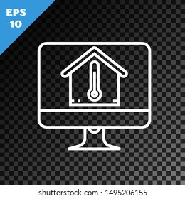 White line Computer monitor with house temperature icon isolated on transparent dark background. Thermometer icon.  Vector Illustration