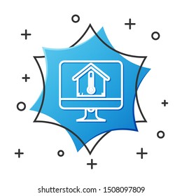 White line Computer monitor with house temperature icon isolated on white background. Thermometer icon. Blue hexagon button. Vector Illustration