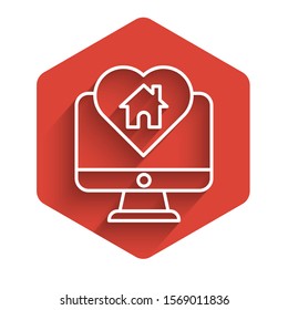 White line Computer monitor with house in heart shape icon isolated with long shadow. Love home symbol. Family, real estate and realty. Red hexagon button. Vector Illustration