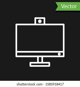 White line Computer monitor icon isolated on black background. PC component sign.  Vector Illustration