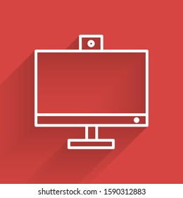White line Computer monitor icon isolated with long shadow. PC component sign.  Vector Illustration
