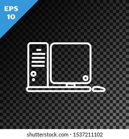 White line Computer monitor with keyboard and mouse icon isolated on transparent dark background. PC component sign.  Vector Illustration