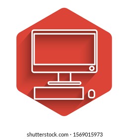 White line Computer monitor with keyboard and mouse icon isolated with long shadow. PC component sign. Red hexagon button. Vector Illustration