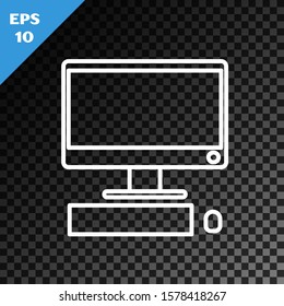 White line Computer monitor with keyboard and mouse icon isolated on transparent dark background. PC component sign.  Vector Illustration