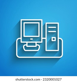 White line Computer monitor with keyboard and mouse icon isolated on blue background. PC component sign. Long shadow. Vector
