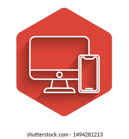 White line Computer monitor and mobile phone icon isolated with long shadow. Earnings in the Internet, marketing. Red hexagon button. Vector Illustration