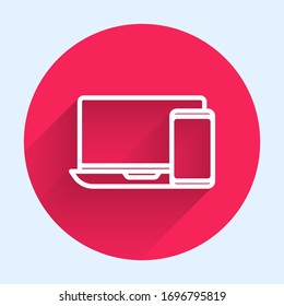 White line Computer monitor and mobile phone icon isolated with long shadow. Earnings in the Internet, marketing. Red circle button. Vector Illustration