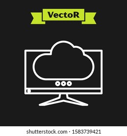 White line Computer monitor screen icon isolated on black background. Electronic device. Front view.  Vector Illustration