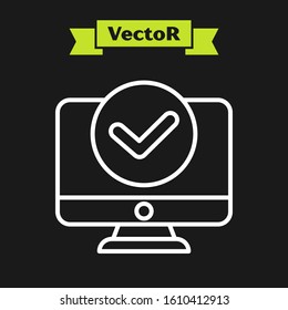 White line Computer monitor screen icon isolated on black background. Electronic device. Front view.  Vector Illustration