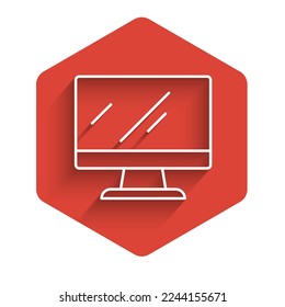 White line Computer monitor screen icon isolated with long shadow background. Electronic device. Front view. Red hexagon button. Vector