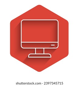 White line Computer monitor screen icon isolated with long shadow. Electronic device. Front view. Red hexagon button. Vector Illustration