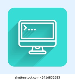 White line Computer monitor screen icon isolated with long shadow. Electronic device. Front view. Green square button. Vector