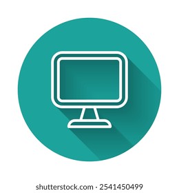 White line Computer monitor screen icon isolated with long shadow background. Electronic device. Front view. Green circle button. Vector