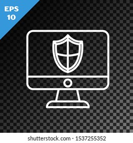 White line Computer monitor and shield icon isolated on transparent dark background. Security, firewall technology, internet privacy safety or antivirus.  Vector Illustration