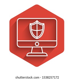 White line Computer monitor and shield icon isolated with long shadow. Security, firewall technology, internet privacy safety or antivirus. Red hexagon button. Vector Illustration