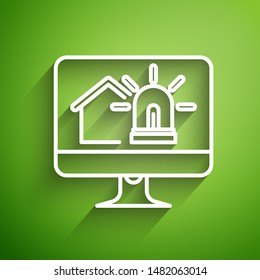 White line Computer monitor with smart house and alarm icon isolated on green background. Security system of smart home.  Vector Illustration