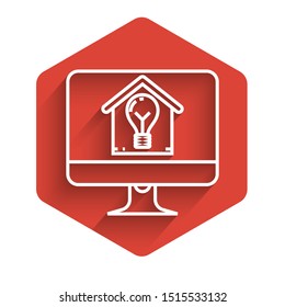 White line Computer monitor with smart house and light bulb icon isolated with long shadow. Red hexagon button. Vector Illustration