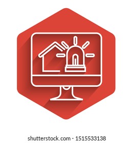 White line Computer monitor with smart house and alarm icon isolated with long shadow. Security system of smart home. Red hexagon button. Vector Illustration