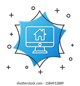 White line Computer monitor with smart home icon isolated on white background. Remote control. Blue hexagon button. Vector Illustration