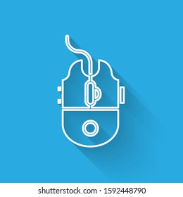 White line Computer mouse gaming icon isolated with long shadow. Optical with wheel symbol.  Vector Illustration