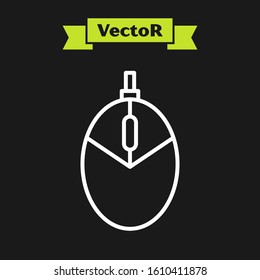 White line Computer mouse gaming icon isolated on black background. Optical with wheel symbol.  Vector Illustration