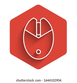 White line Computer mouse gaming icon isolated with long shadow. Optical with wheel symbol. Red hexagon button. Vector Illustration