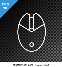 Línea blanca Icono de juego del ratón de ordenador aislado en fondo oscuro transparente. Óptico con símbolo de rueda.  Ilustración vectorial
