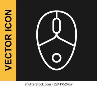 Weiße Linie Computer-Maus Gaming Symbol einzeln auf schwarzem Hintergrund. Optisch mit Radsymbol.  Vektorgrafik