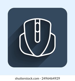 White line Computer mouse gaming icon isolated with long shadow background. Optical with wheel symbol. Blue square button. Vector