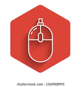 White line Computer mouse icon isolated with long shadow. Optical with wheel symbol. Red hexagon button. Vector Illustration