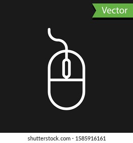 White line Computer mouse icon isolated on black background. Optical with wheel symbol.  Vector Illustration