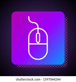 White line Computer mouse icon isolated on black background. Optical with wheel symbol. Square color button. Vector Illustration