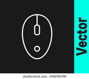 White line Computer mouse icon isolated on black background. Optical with wheel symbol.  Vector