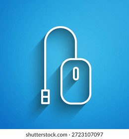 Línea blanca Icono del ratón del ordenador aislado en fondo azul. Óptico con símbolo de rueda. Larga sombra. Ilustración vectorial
