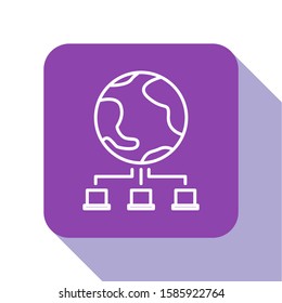 White line Computer network icon isolated on white background. Online gaming. Laptop network. Internet connection. Purple square button. Vector Illustration