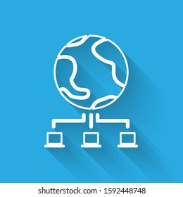 White line Computer network icon isolated with long shadow. Online gaming. Laptop network. Internet connection.  Vector Illustration
